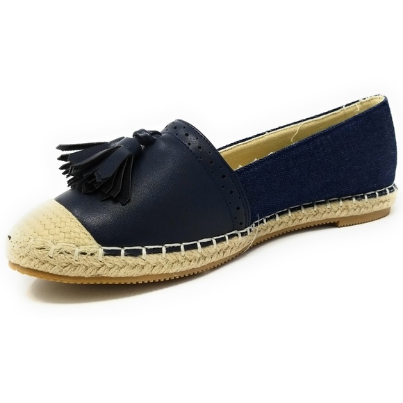 Women Espadrille Flats with Tassels, E-2602, Navy - Picture 2 of 4